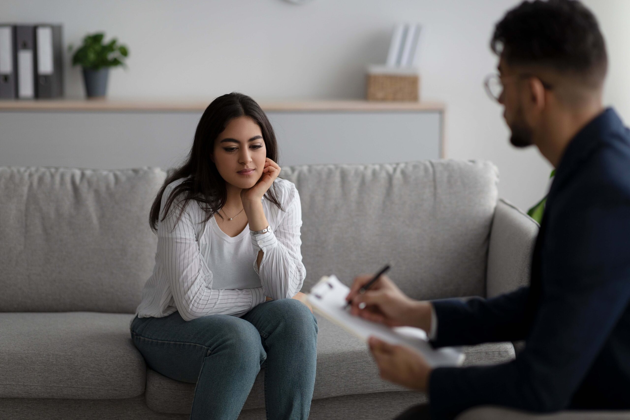 Woman getting professional help for mental health disorder.