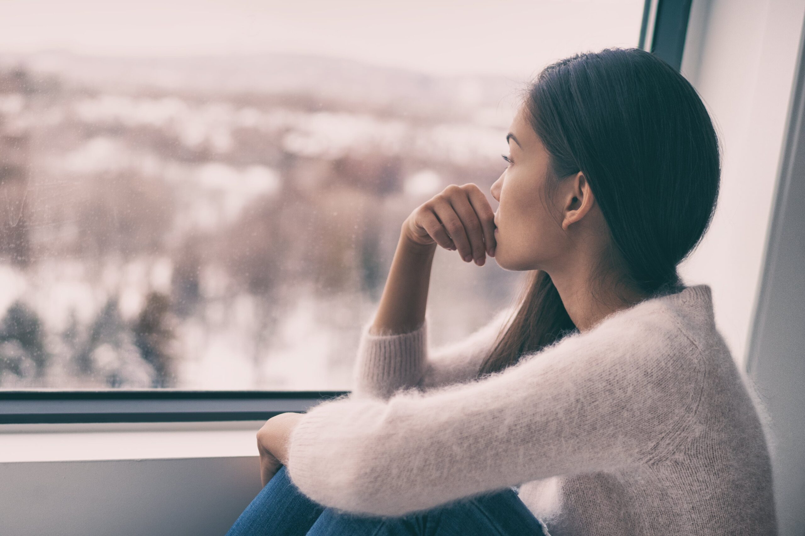Isolated woman with seasonal depression.