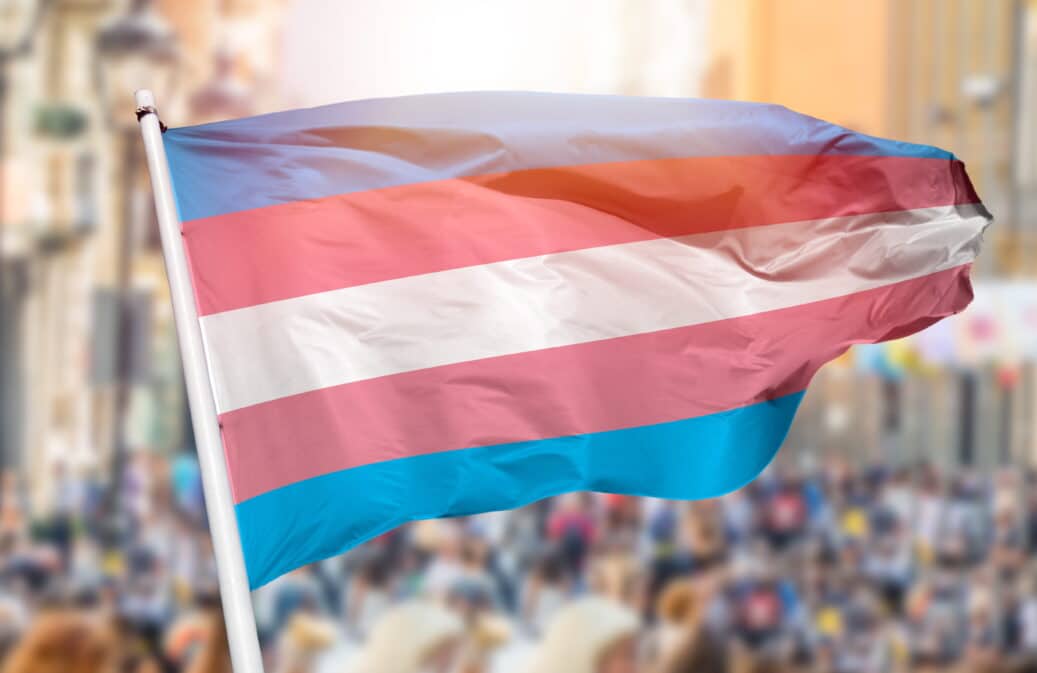 A transgender flag being held up in a crowd.