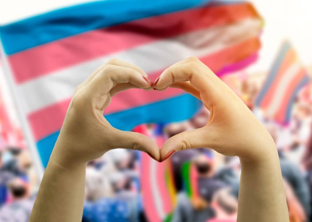 Two hands making a heart in front of a transgender flag at a parade.